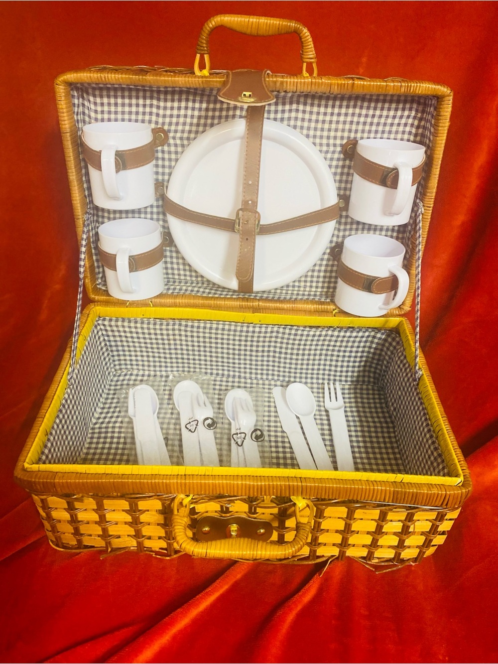 Wicker Picnic Basket Set with White Dishware and Brown Straps